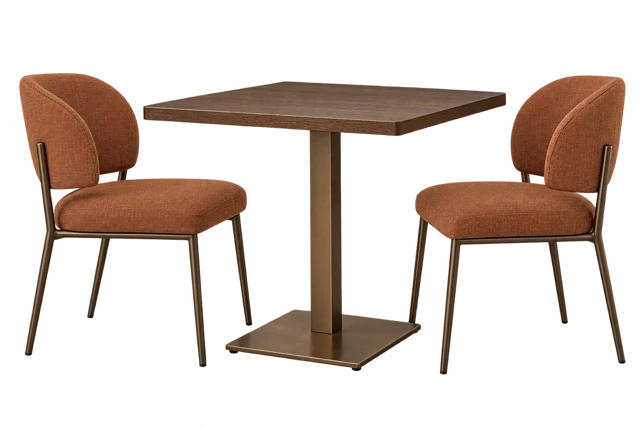 Restaurant furniture reference: two upholstered chairs and a rectangular table