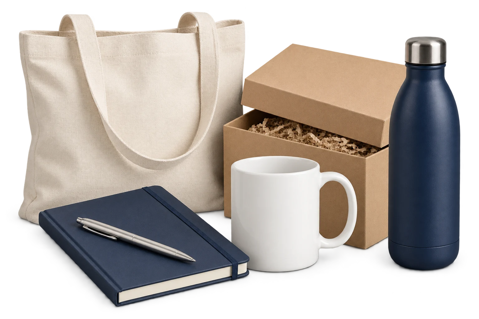 Illustration: tote bag, bottle, notebook, mug and gift packaging