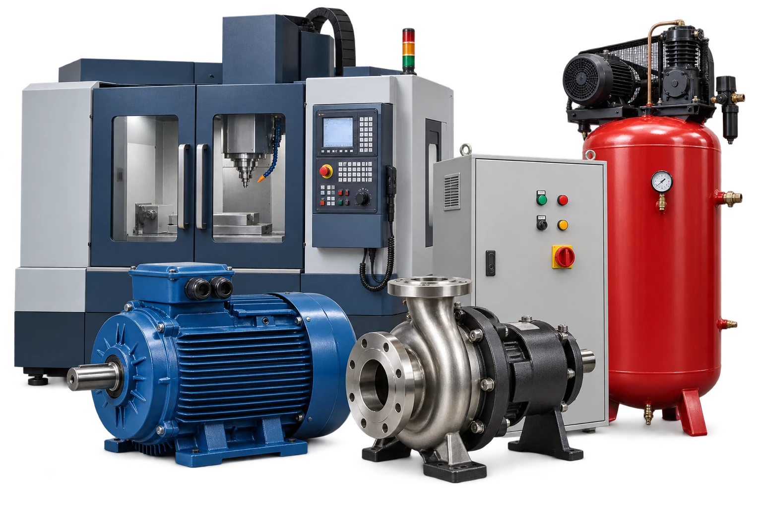 Illustration: machine tool, compressor, electric motor, pump and control cabinet