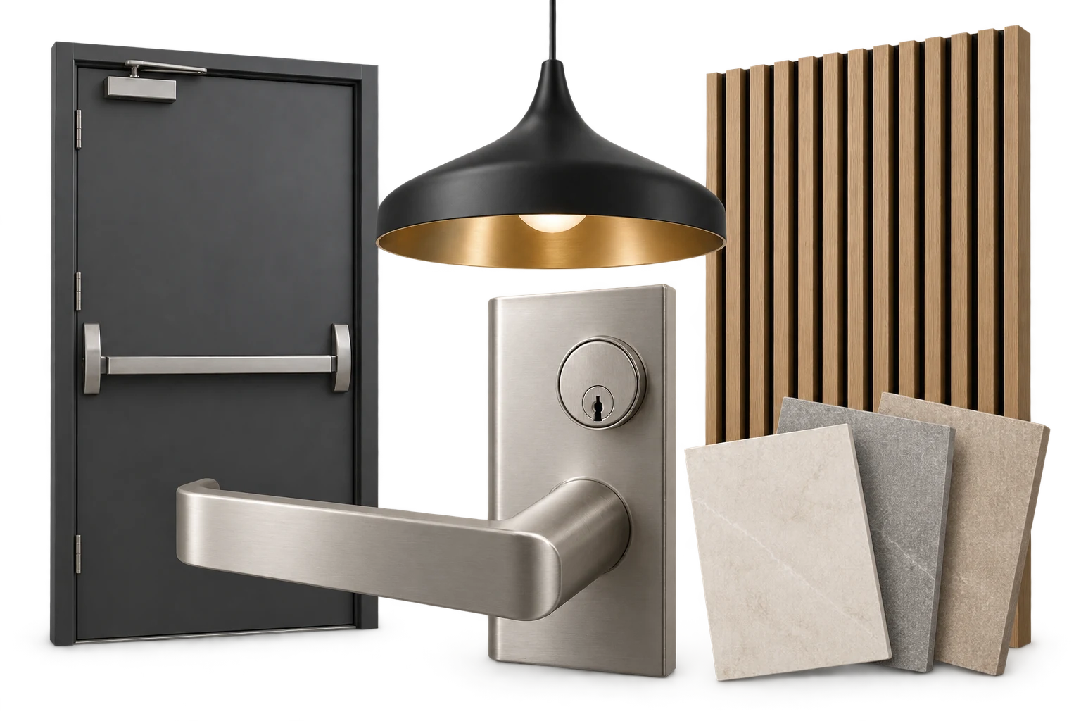 Illustration: door, lighting, wall panels, hardware and floor finishes