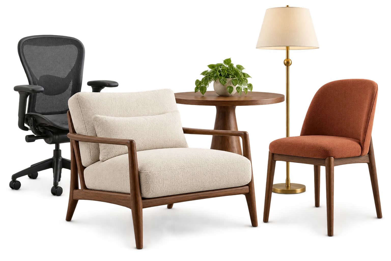 Illustration: office chair, lounge chair, dining chair, table and floor lamp