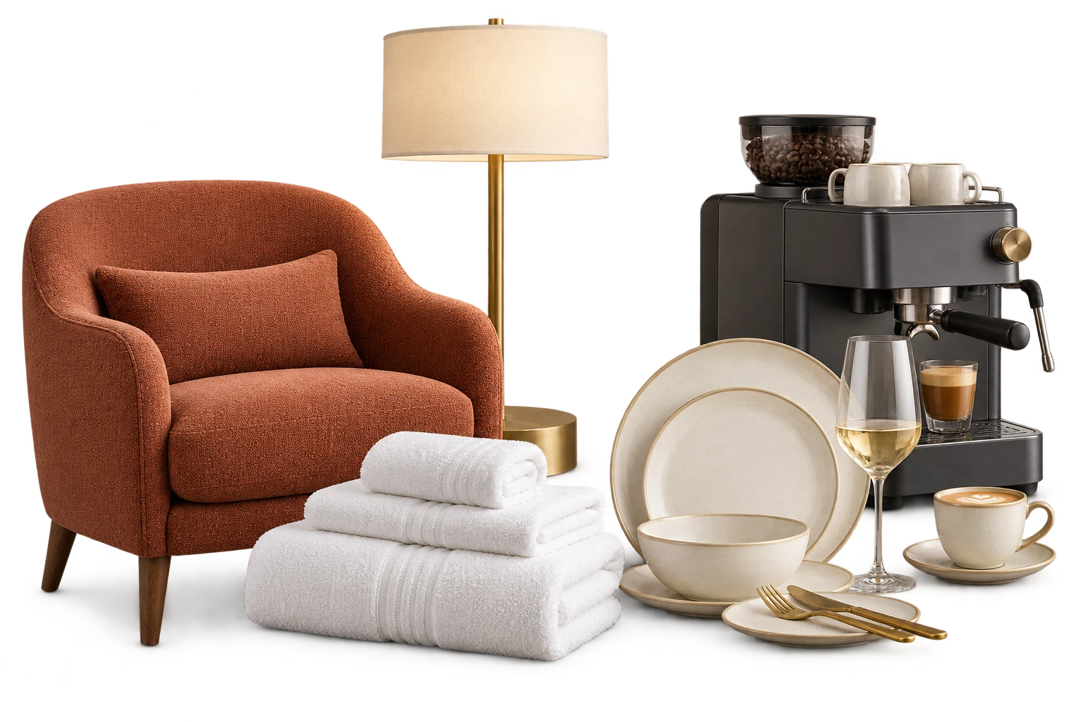 Illustration: armchair, lamp, hotel linen, tableware and coffee machine