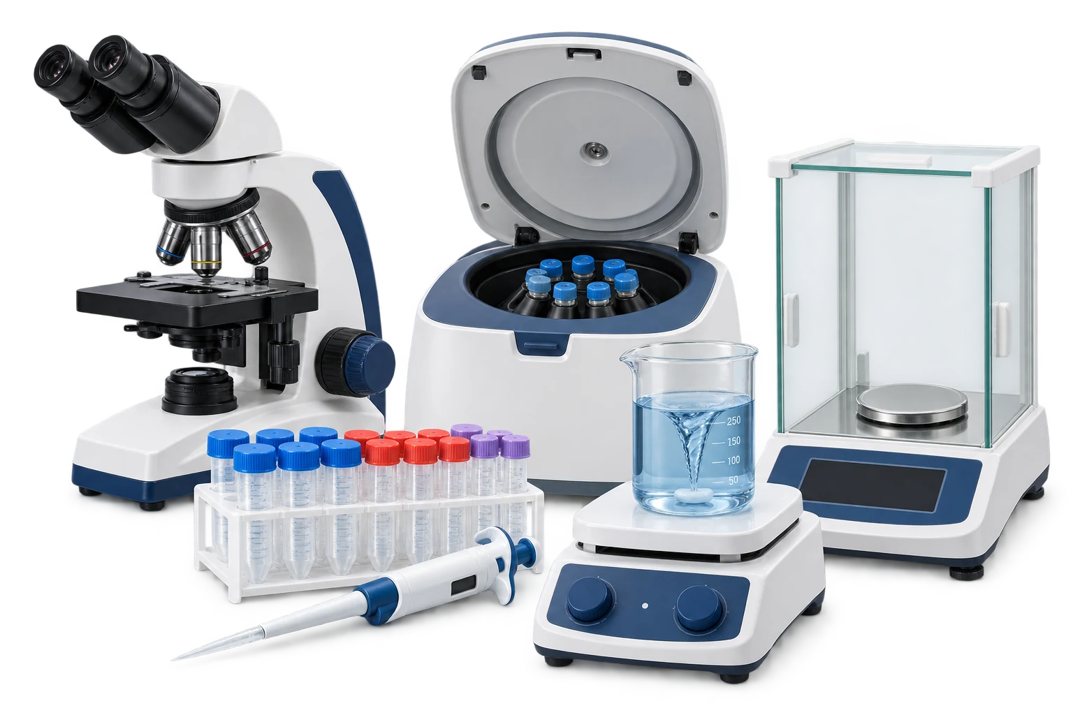 Illustration: microscope, centrifuge, balance, consumables and stirrer